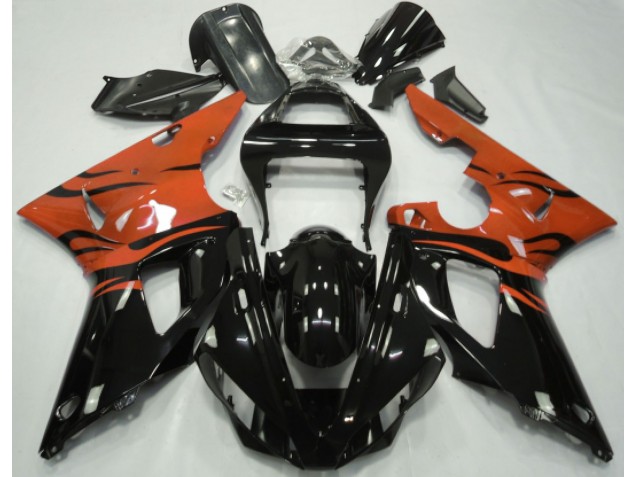 2000-2001 Black Flame & Orange Yamaha R1 Motorcycle Fairings 2000-2001 Black Flame & Orange Yamaha R1 Motorcycle Fairings