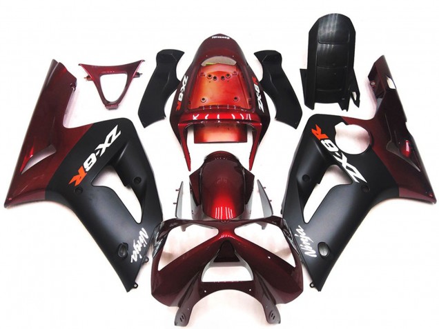 2003-2004 Matte Black and Maroon Kawasaki ZX6R Motorcycle Fairings 2003-2004 Matte Black and Maroon Kawasaki ZX6R Motorcycle Fairings