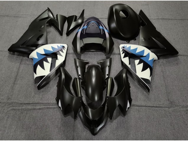 2004-2005 Matte Black and Light Blue Shark Kawasaki ZX10R Motorcycle Fairings 2004-2005 Matte Black and Light Blue Shark Kawasaki ZX10R Motorcycle Fairings