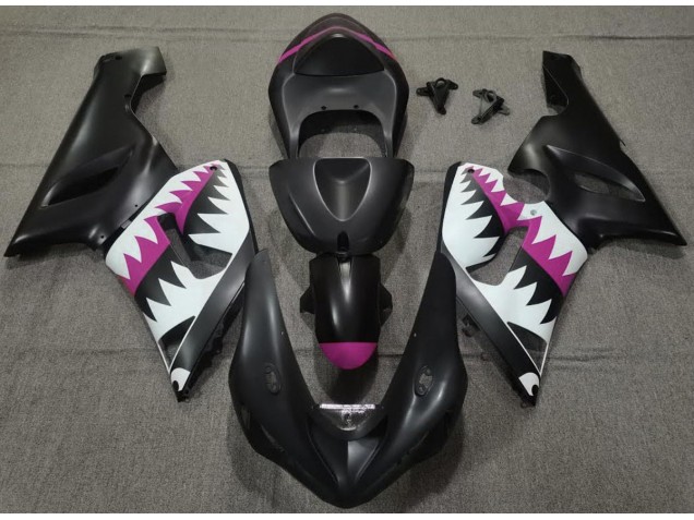 2005-2006 Matte Black and Pink Shark Kawasaki ZX6R Motorcycle Fairings 2005-2006 Matte Black and Pink Shark Kawasaki ZX6R Motorcycle Fairings