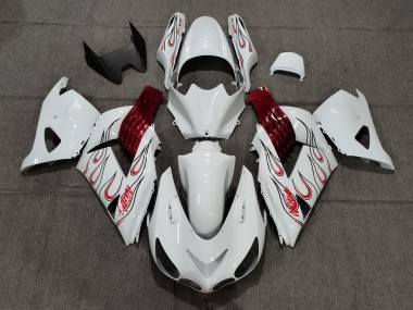 2006-2011 White Red Flame Kawasaki ZX14R Motorcycle Fairings
