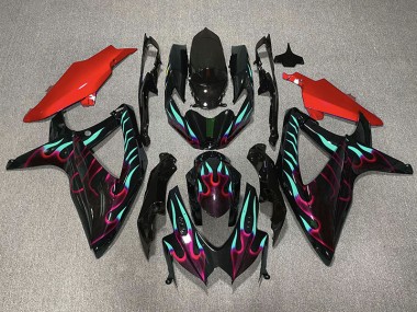 2008-2010 Red and Cyan Flame Suzuki GSXR 600-750 Motorcycle Fairings