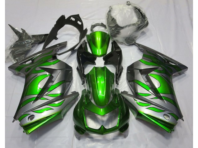2008-2013 Green and Silver Flame Kawasaki Ninja 250 Motorcycle Fairings 2008-2013 Green and Silver Flame Kawasaki Ninja 250 Motorcycle Fairings