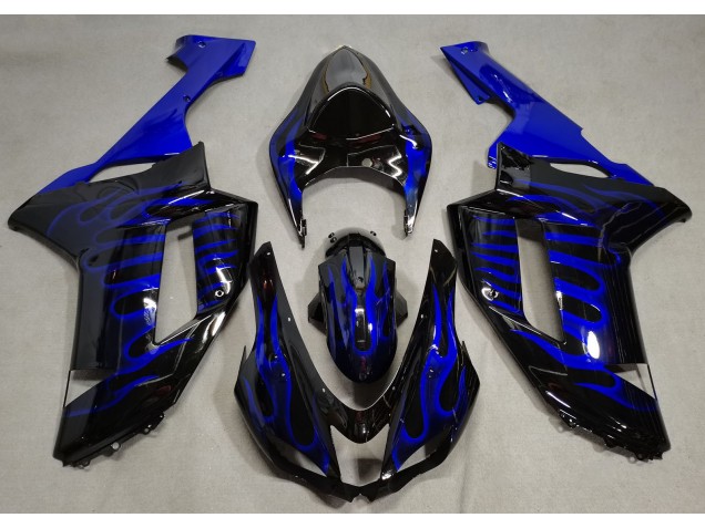 2007-2008 Gloss Black & Blue Flame Kawasaki ZX6R Motorcycle Fairings