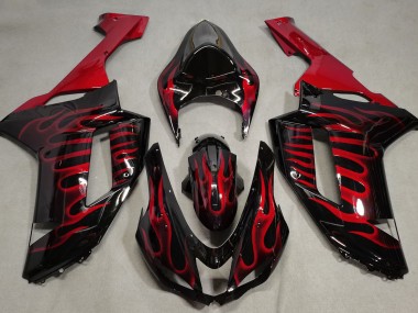 2007-2008 Gloss Black & Red Flame Kawasaki ZX6R Motorcycle Fairings